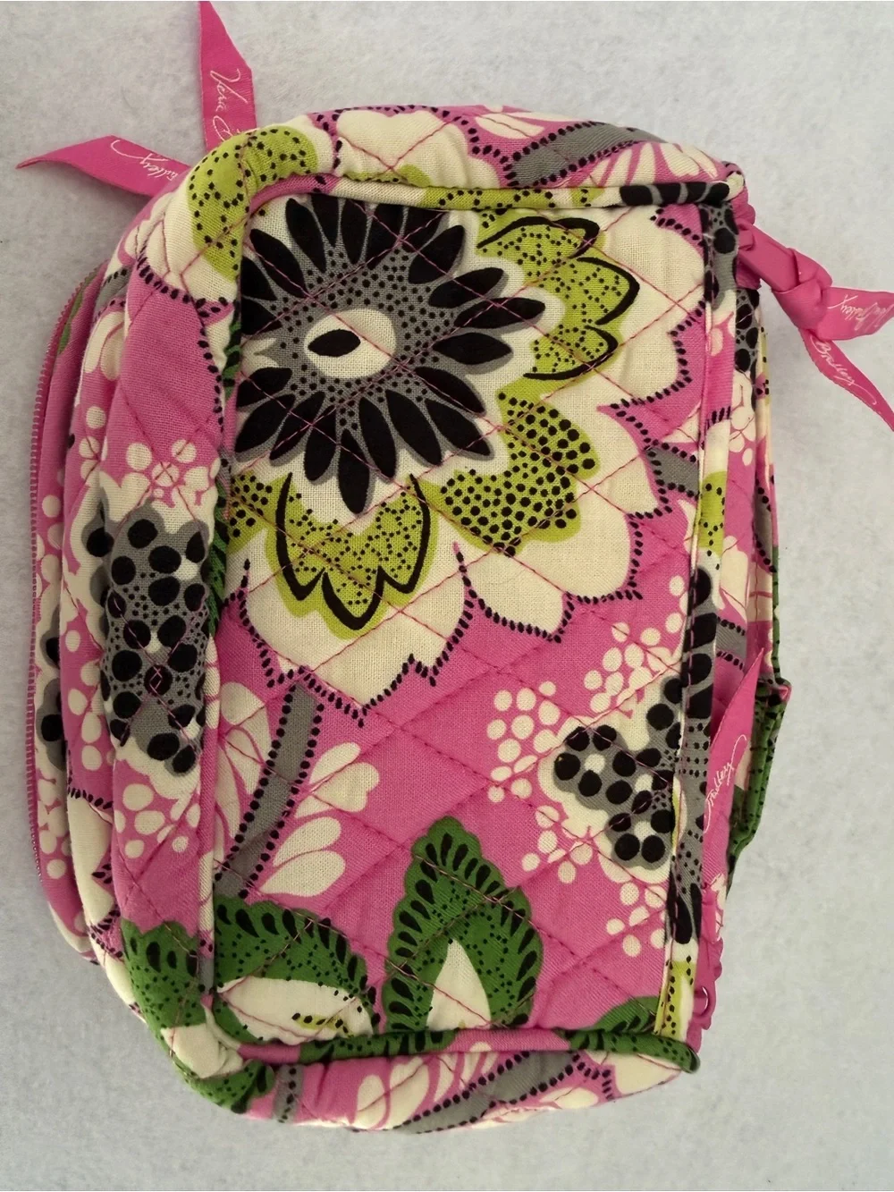 Vera Bradley Pink Quilted Floral Cosmetic Case with Green Leaves